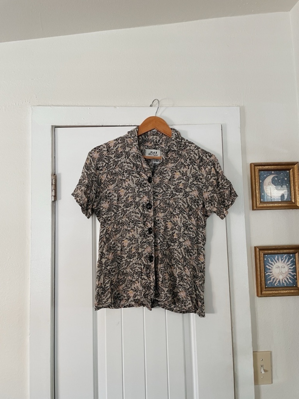 FLAX by Jeanne Engelhart Women's Short-Sleeve Botanical Shirt Sz Small Boho EUC